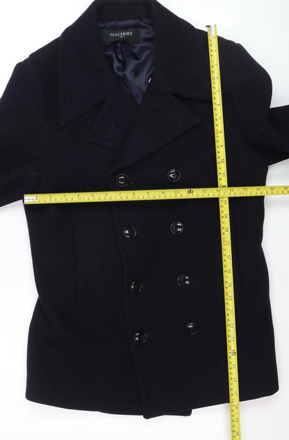 Peacebird Men Black Wool Pea Coat L Mid-Length Double Breasted