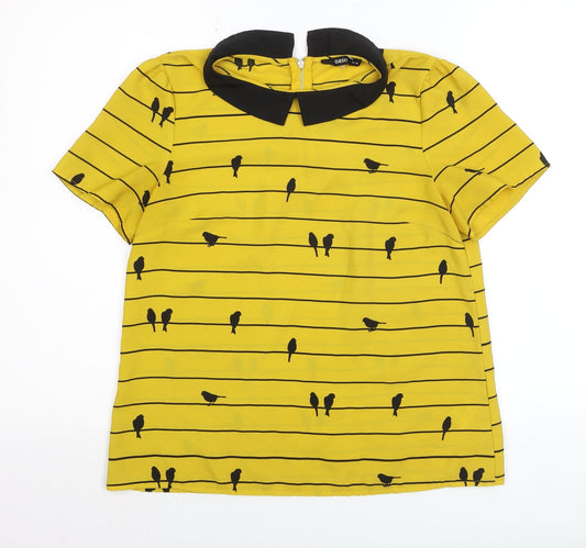 Oasis Women Yellow Collared Bird Print Short Sleeve Blouse Size 12