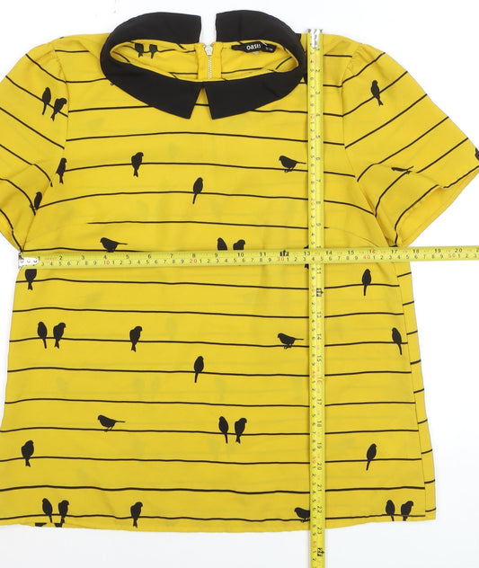 Oasis Women Yellow Collared Bird Print Short Sleeve Blouse Size 12