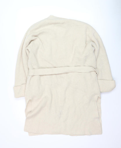 ZARA Women Beige Belted Rib Knit Long Sleeve Cardigan S