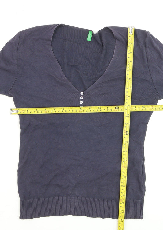 Benetton Women's Blue Cotton V-Neck Henley Jumper Size 12