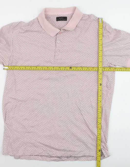 Zara Men's Pink Polka Dot Cotton Polo Shirt Size L