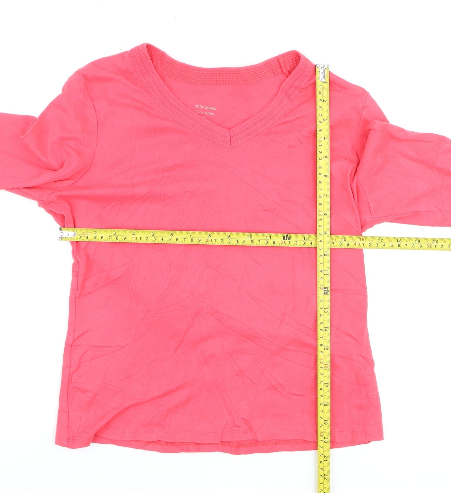 John Lewis Womens Pink V-Neck 3/4 Sleeve Cotton T-Shirt Size 16