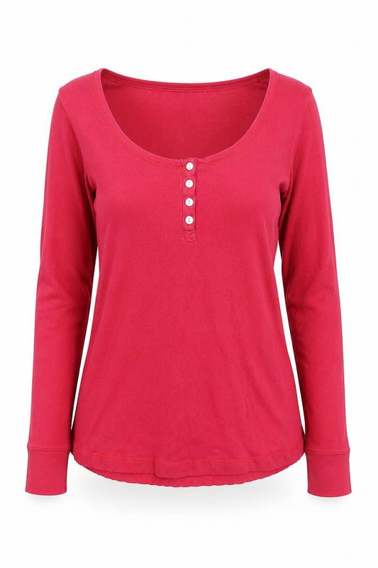 FatFace Women’s Red Long Sleeve Button Scoop Neck Cotton T-Shirt UK 10