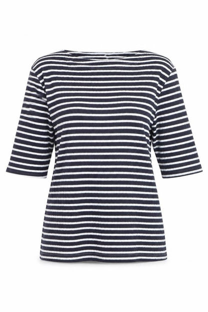 Front view of Uniqlo Women's Blue Striped Boat Neck 3/4 Sleeve Jersey T-Shirt L