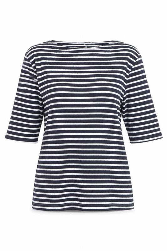 Front view of Uniqlo Women's Blue Striped Boat Neck 3/4 Sleeve Jersey T-Shirt L
