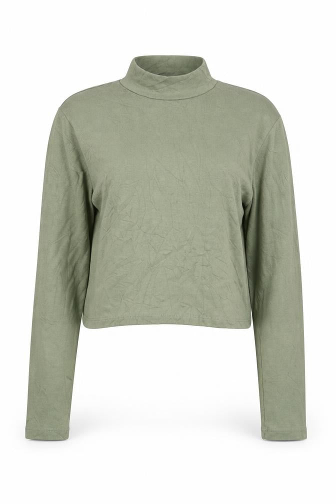 Bershka Women Green Cropped Mock Neck Long Sleeve Top L