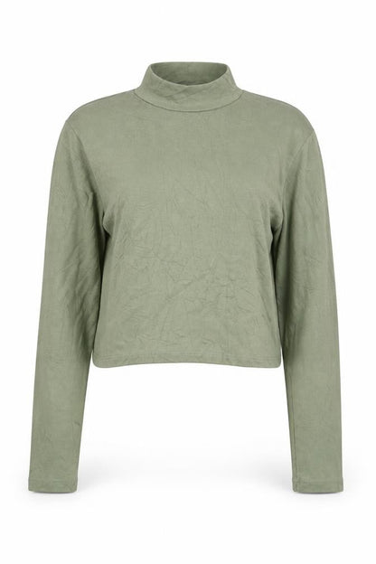 Bershka Women Green Cropped Mock Neck Long Sleeve Top L