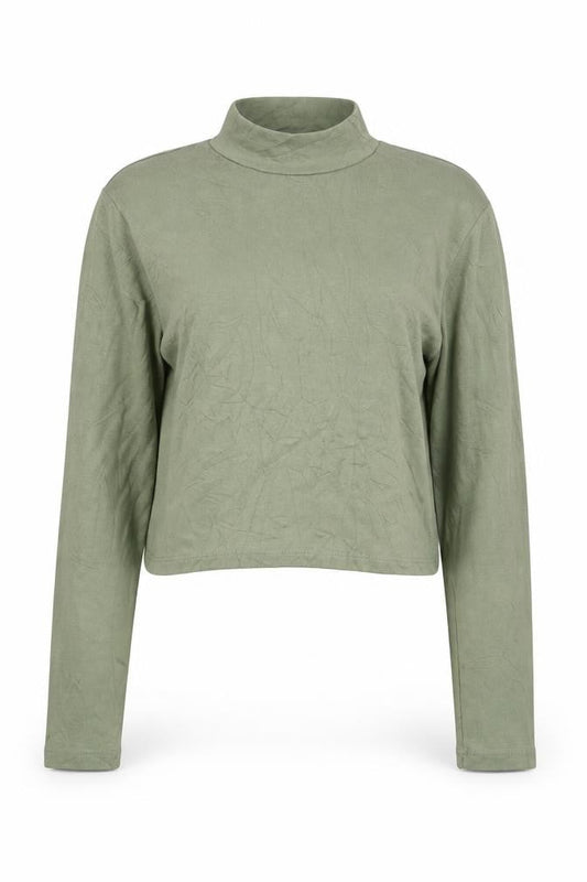 Bershka Women Green Cropped Mock Neck Long Sleeve Top L