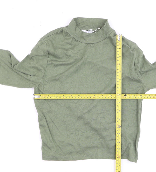 Bershka Women Green Cropped Mock Neck Long Sleeve Top L