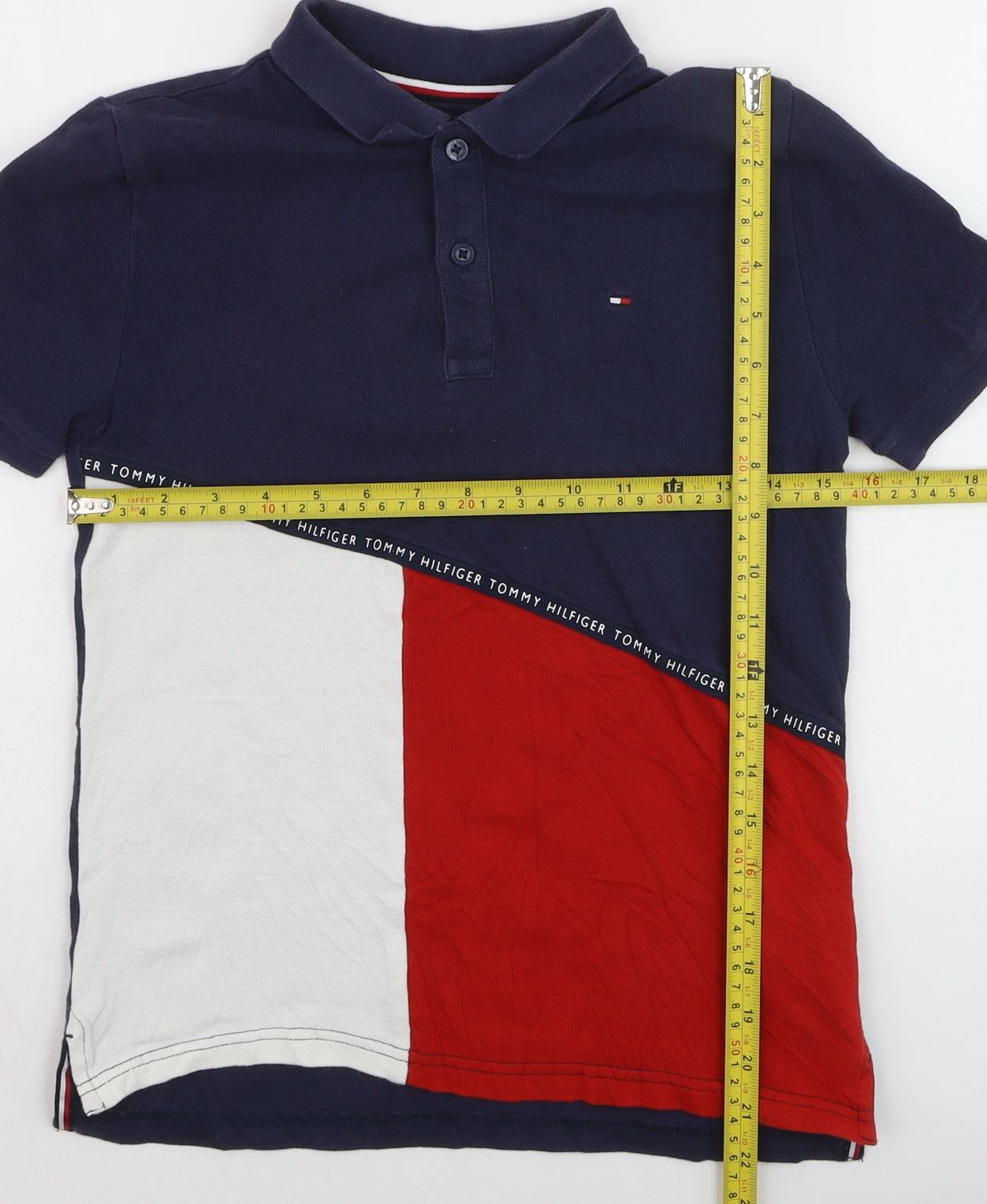 Tommy Hilfiger Boys Blue Red Colourblock Polo Shirt Size 152 Classic Cotton