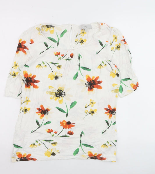Next Women White Floral Short Sleeve Blouse Size 14 Viscose Blend