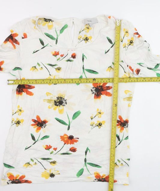 Next Women White Floral Short Sleeve Blouse Size 14 Viscose Blend