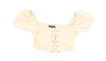 Missguided Women Beige Cropped Puff Sleeve Lace-Up Top UK 8 Petite