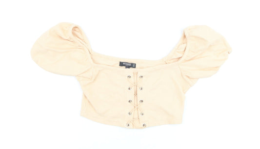 Missguided Women Beige Cropped Puff Sleeve Lace-Up Top UK 8 Petite