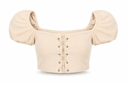 Missguided Women Beige Cropped Puff Sleeve Lace-Up Top UK 8 Petite