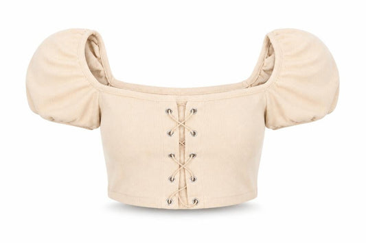 Missguided Women Beige Cropped Puff Sleeve Lace-Up Top UK 8 Petite