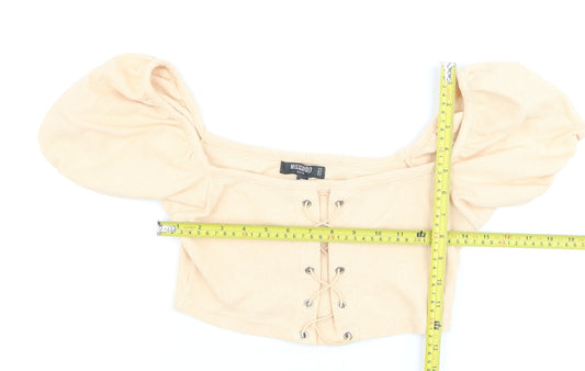Missguided Women Beige Cropped Puff Sleeve Lace-Up Top UK 8 Petite