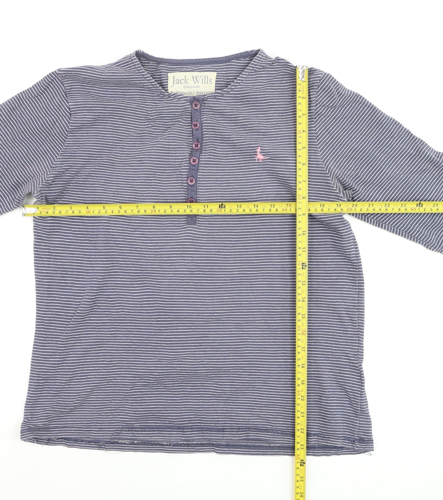 Jack Wills Men's Blue Striped Henley Long Sleeve Cotton Top M
