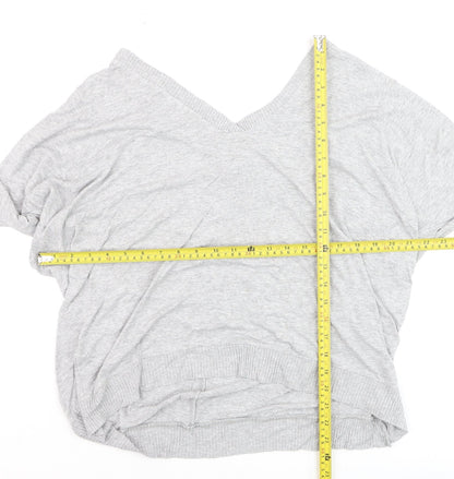 Zara Women Grey V-Neck Relaxed Knit Long Sleeve Top L