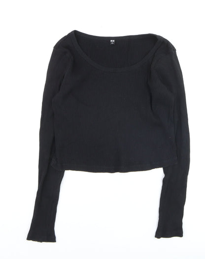 Uniqlo Women Black Ribbed Cotton Long Sleeve Pullover Jumper Size L