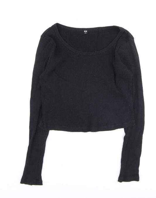 Uniqlo Women Black Ribbed Cotton Long Sleeve Pullover Jumper Size L