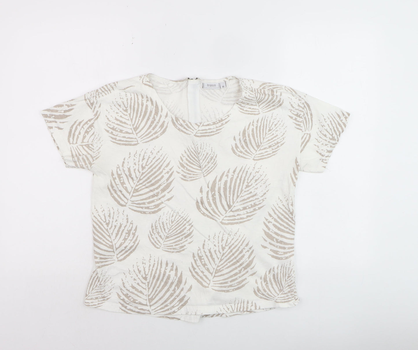 Fransa Women Beige Leaf Print Cotton Short Sleeve T-Shirt M