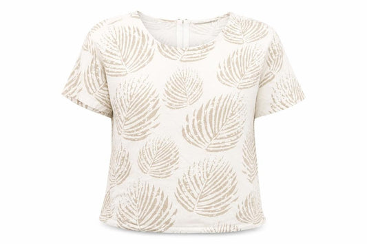 Front view of Fransa Women Beige Leaf Print Cotton Short Sleeve T-Shirt M