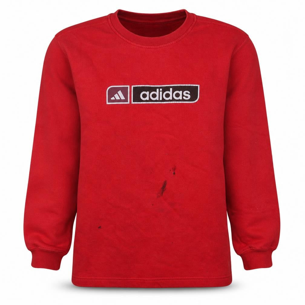Front view of Adidas boys’ red pullover crew neck fleece sweatshirt 14-15 years