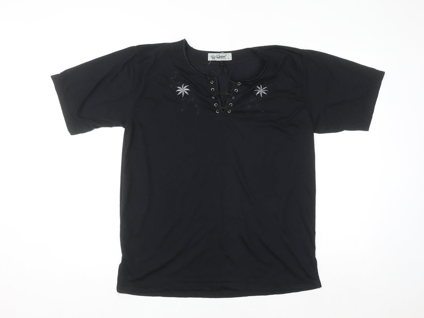 Hoang Collection Women's Black Cotton Blend Lace Up Tunic T-Shirt L