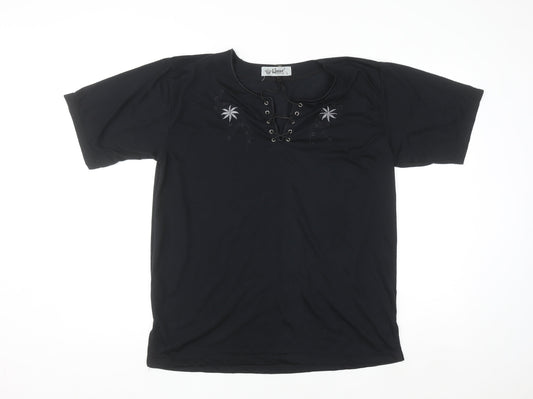 Hoang Collection Women's Black Cotton Blend Lace Up Tunic T-Shirt L