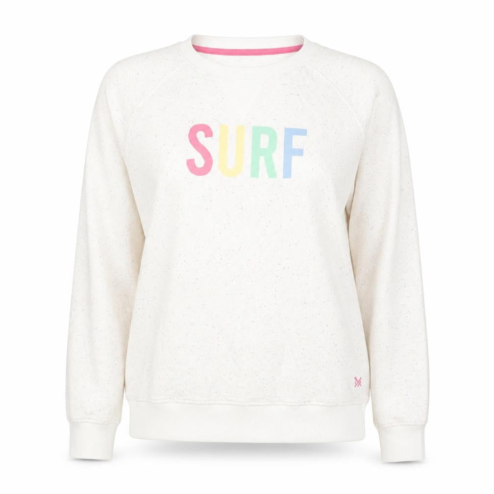 Front view of Crew Clothing Women White Speckled Surf Pullover Sweatshirt, size 14