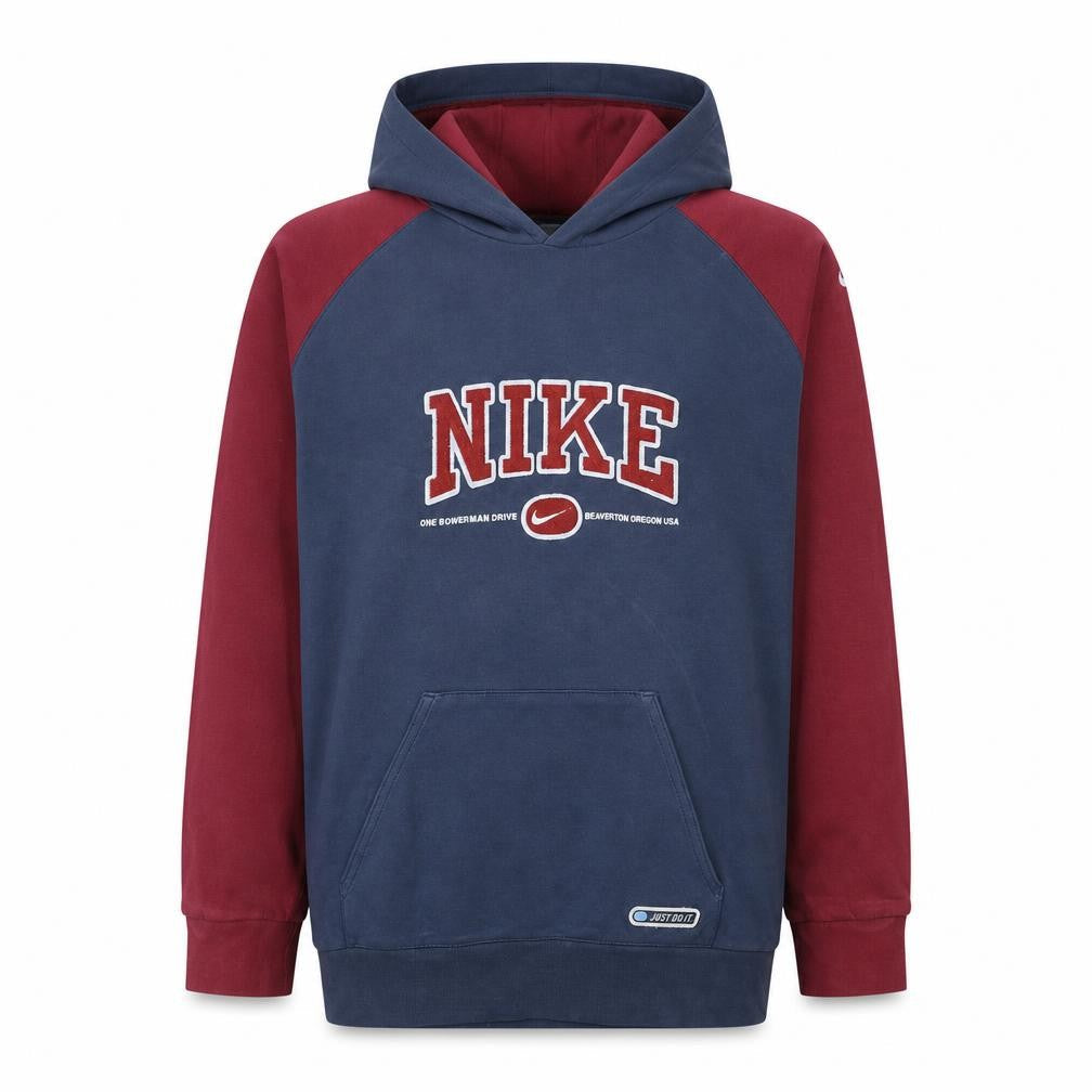 Front view of Nike women’s blue & burgundy xl pullover hoodie with embroidered logo