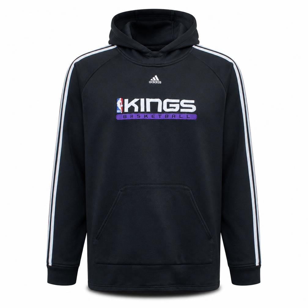 Front view of Adidas men’s black kings basketball pullover hoodie, size L