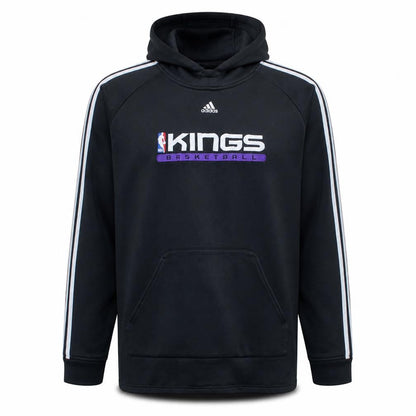 Front view of Adidas men’s black kings basketball pullover hoodie, size L