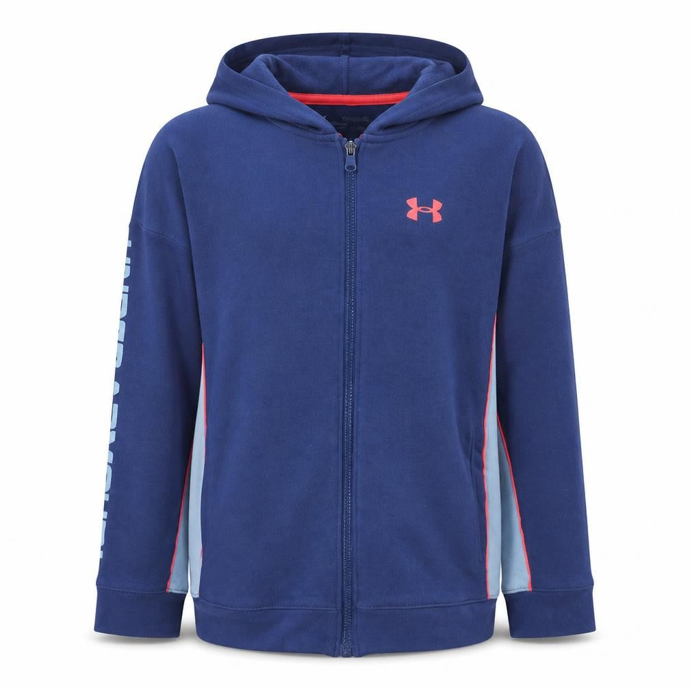 Front view of Under Armour boys’ navy blue full zip hoodie, size XL, coldgear lined