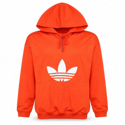 Front view of Adidas women’s orange hooded pullover sweatshirt, size UK 10, logo hoodie
