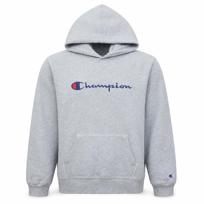 Front view of Champion Men's Grey XL Pullover Hoodie Embroidered Logo Fleece