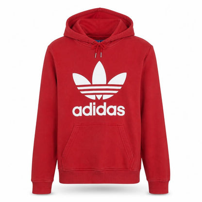 Front view of Adidas Men’s Red Pullover Hoodie, size M, Logo Sportswear Sweatshirt