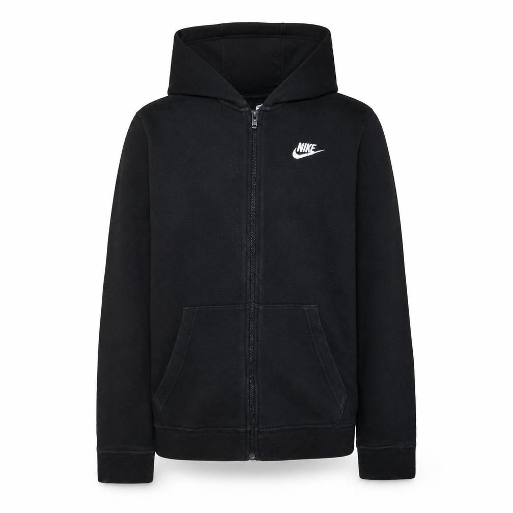 Front view of Nike boys’ black full zip hoodie xl 158-170cm fleece lined logo sweatshirt