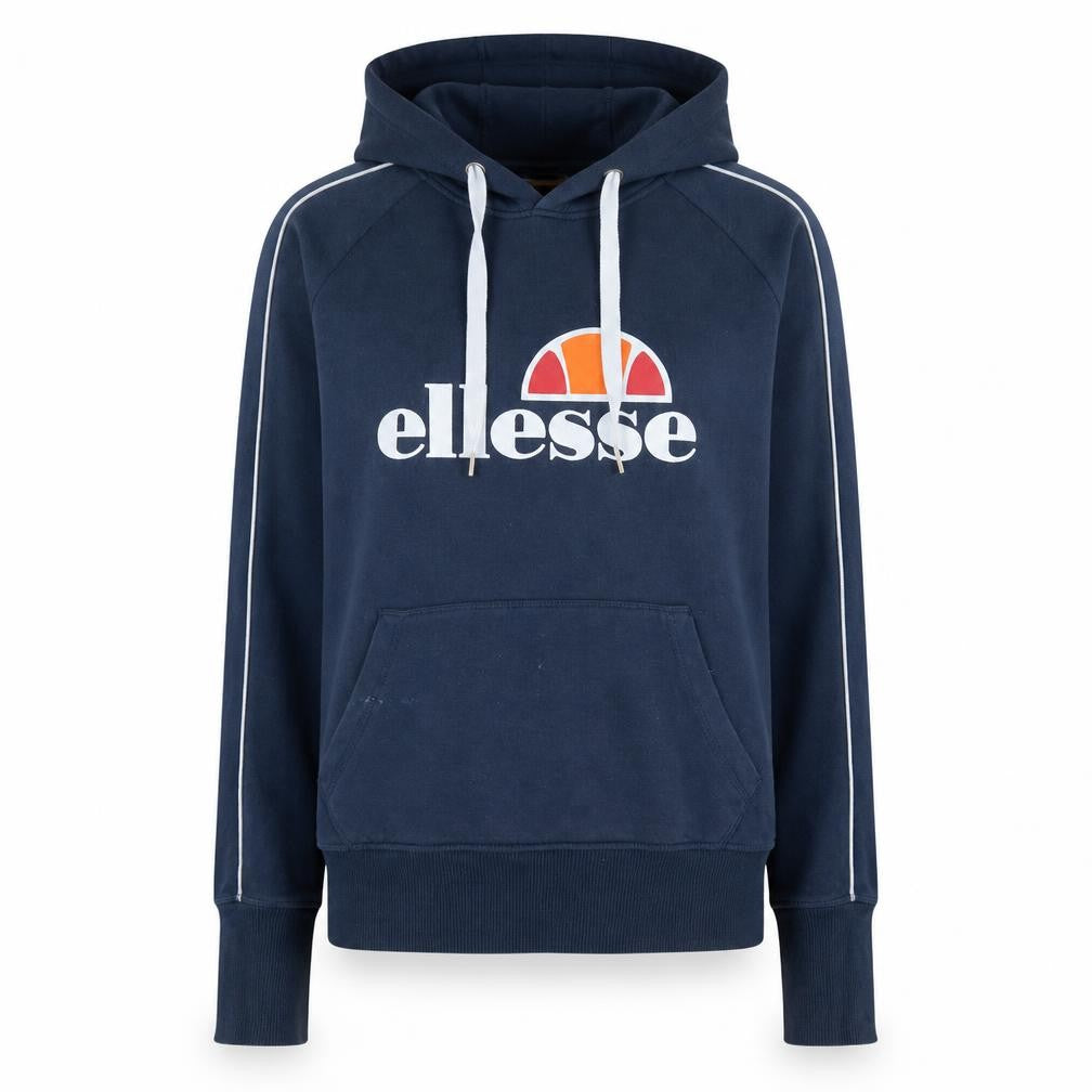 Front view of Ellesse women’s navy blue, size UK 12, pullover hoodie sweatshirt