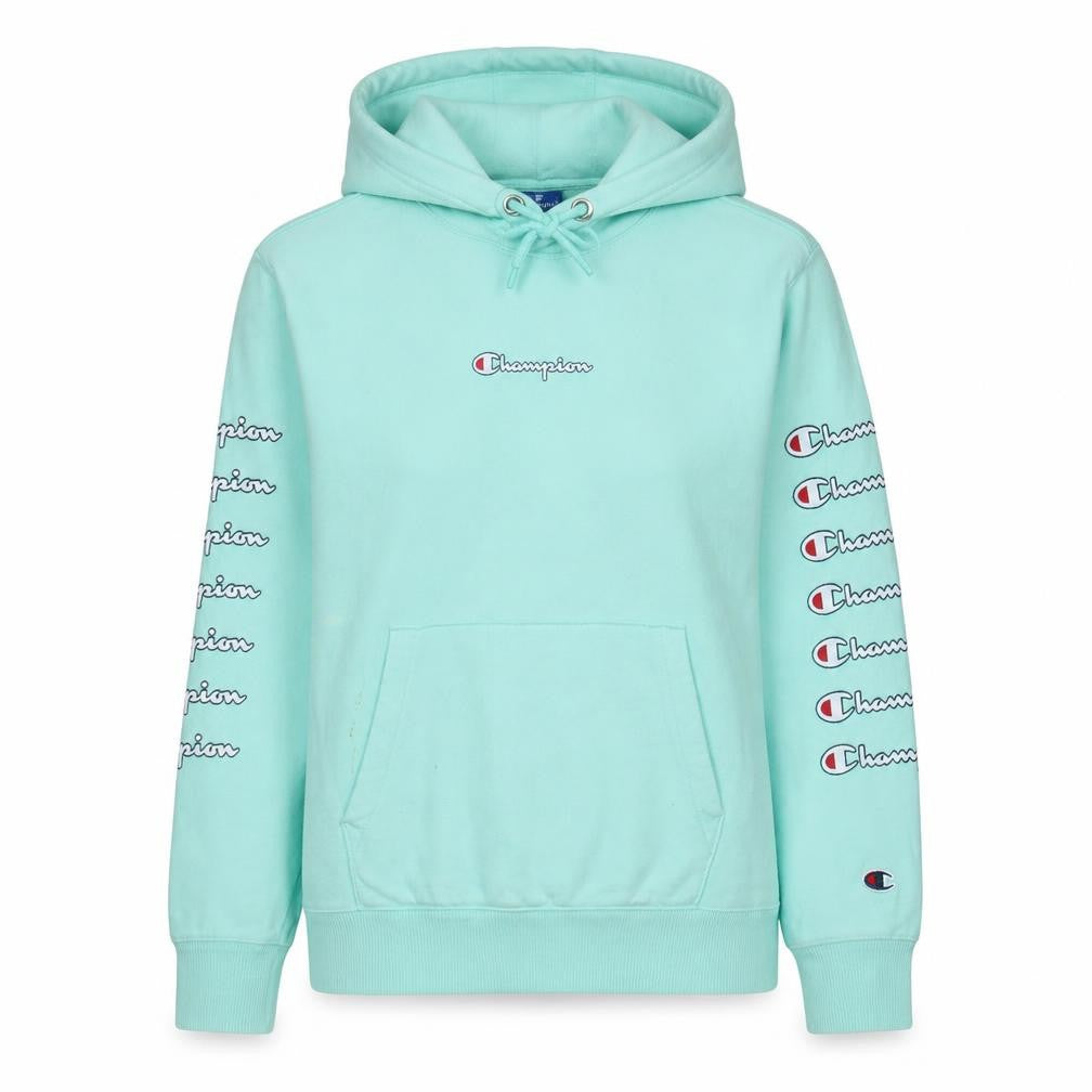 Front view of Champion women’s mint green xs pullover hoodie cotton logo print