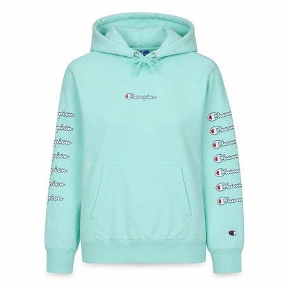 Front view of Champion women’s mint green xs pullover hoodie cotton logo print