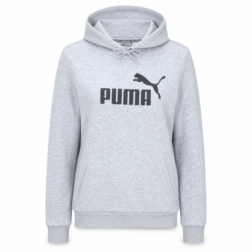 Front view of Puma Women's Grey Pullover Hoodie, size 14, Logo Print Casual Sweatshirt