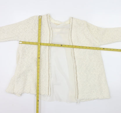 Zara Women Ivory Open Cardigan Lurex Trim Size 12 Cotton Blend Knit
