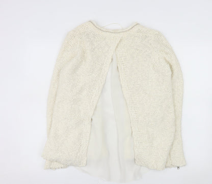 Zara Women Ivory Open Cardigan Lurex Trim Size 12 Cotton Blend Knit