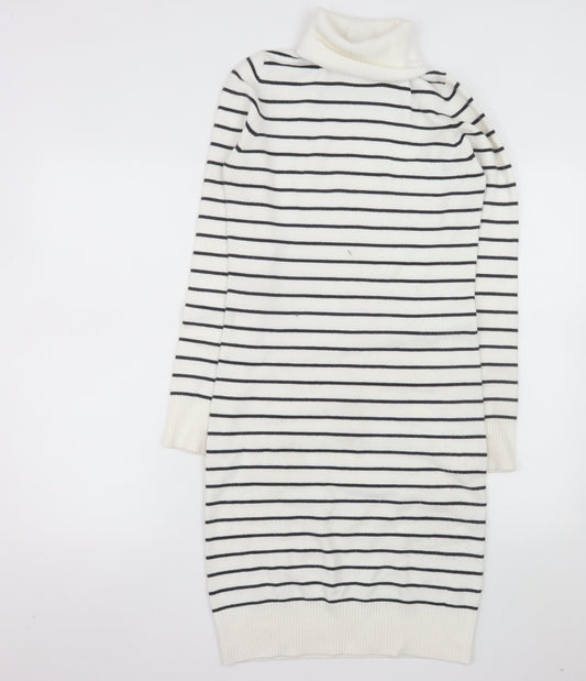 French Connection Women White Striped Roll Neck Jumper Dress M