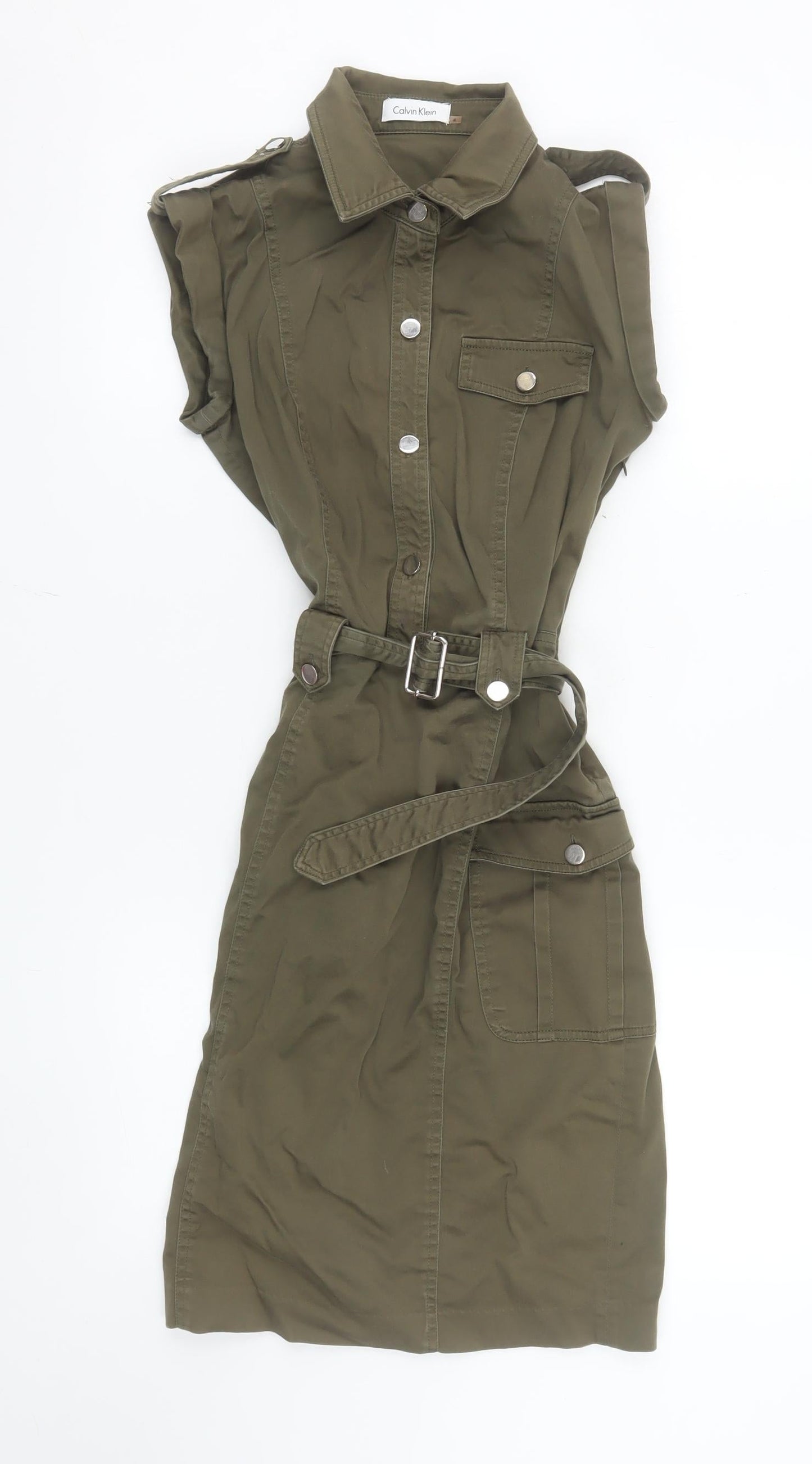 Calvin Klein Women’s Green Shirt Dress Size 8 Belted Sleeveless Casual