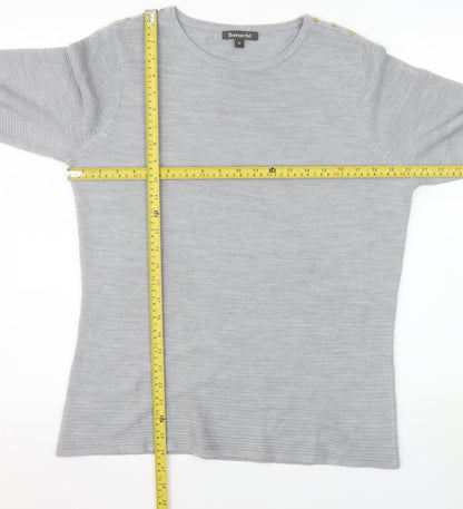 Bonmarché Women Grey Size 16 Crew Neck Button Pullover Jumper