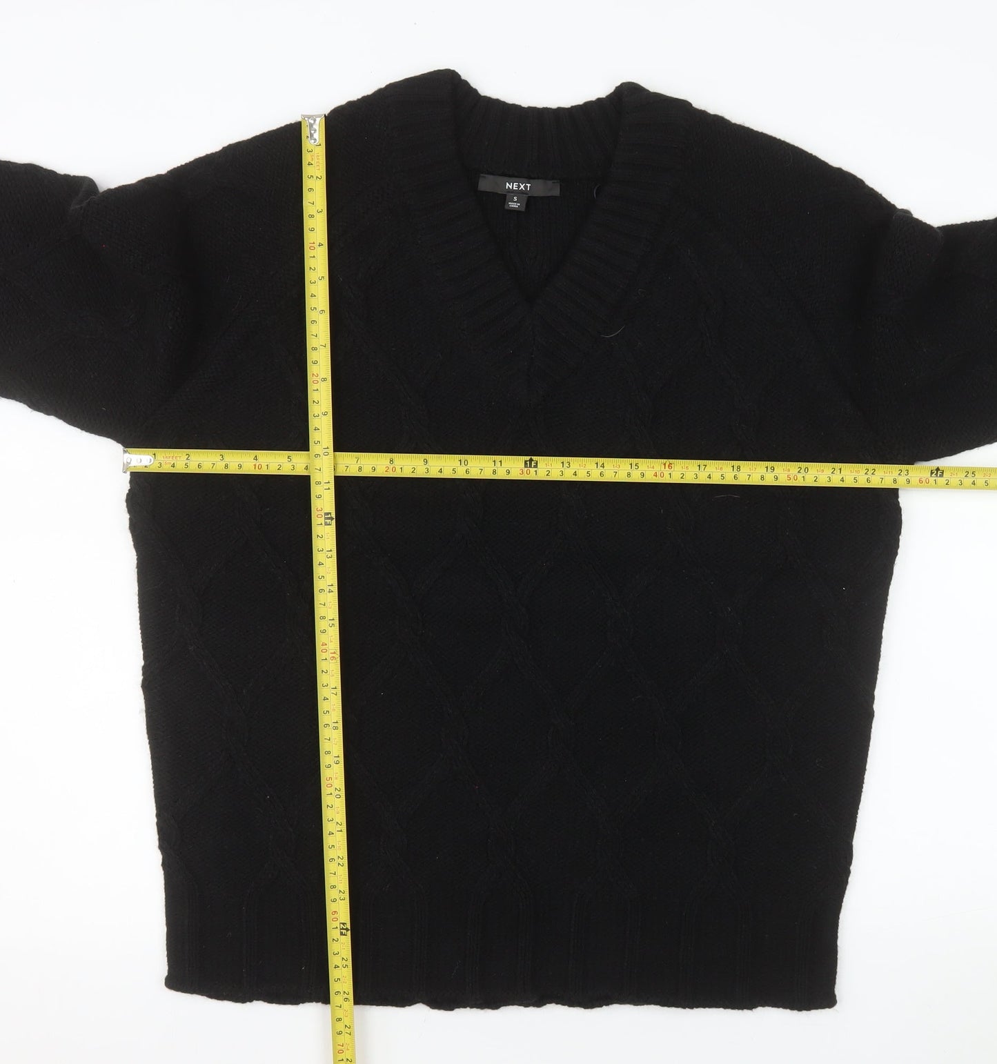 Next Men’s Black Cable Knit V-Neck Jumper Size S Regular Fit